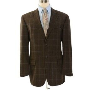 Prontomoda Italiano Cashmere Brown Plaid Blazer Lambswool 46L 2 Button Lined
